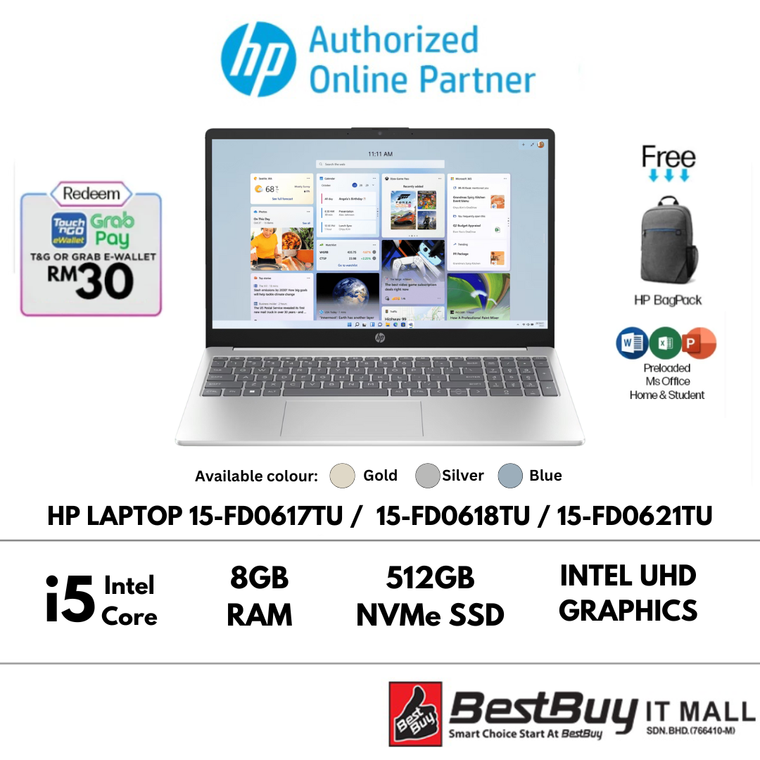 [New] HP Laptop 15-fd0617TU / 15-fd0618TU / 15-fd0621TU /15-fd0476TU / 15-fd0478TU / 15-fd0386TU/ 15-fd0387TU / 15-fd0388TU 15.6'' FHD Intel® Core™ i5-1334U, 512GB SSD, 8GB, W11H)