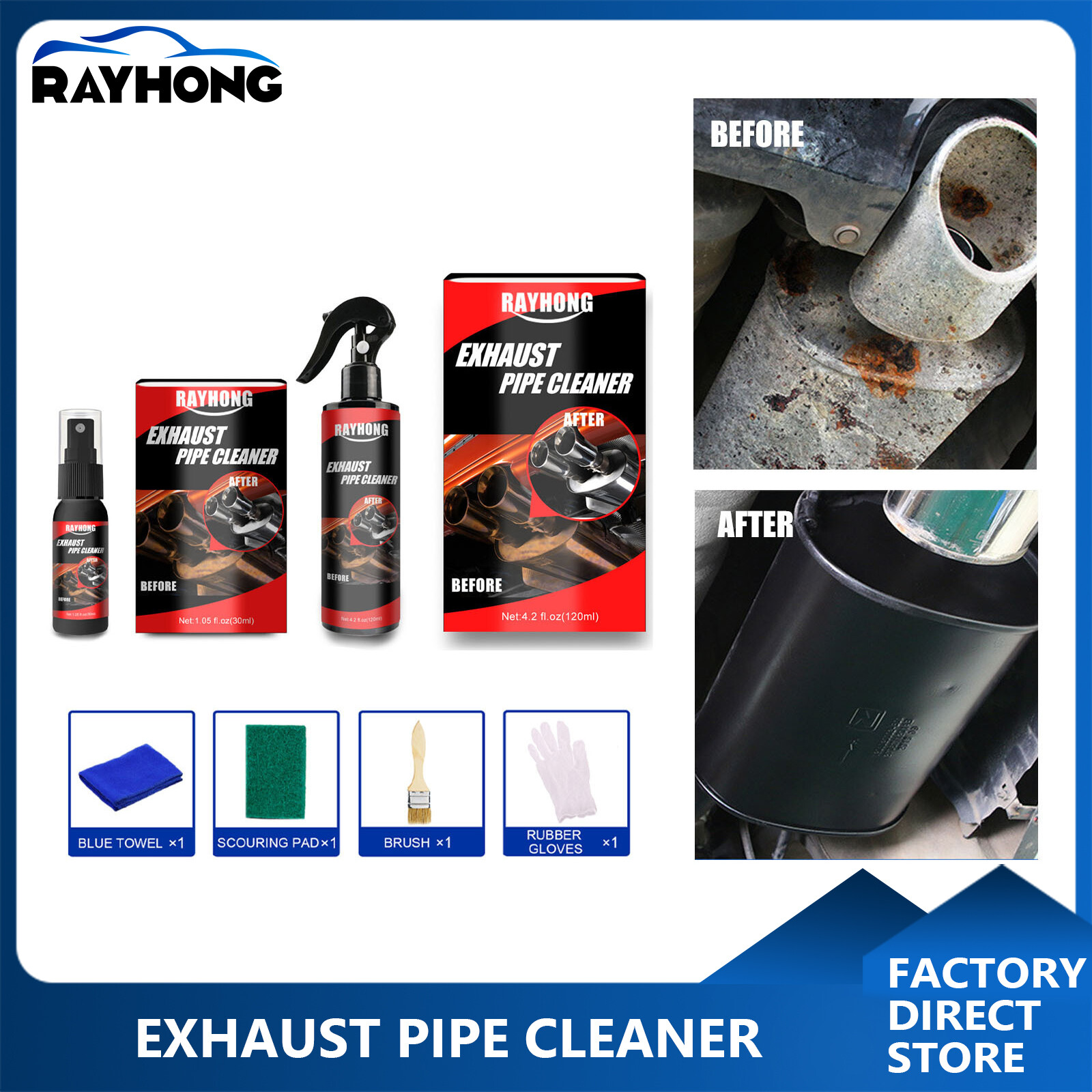 Rayhong 30/120ml Car Motorcycle Exhaust Pipe Cleaner Car Rust Remover with Rubber Gloves and Brush Repair Maintenance Tool Set Multifunctional Metal Antirust Cleaner Tail Pipe Motorcycle Equipment Maintenance ราคา 152 บาท*ส่งฟรี