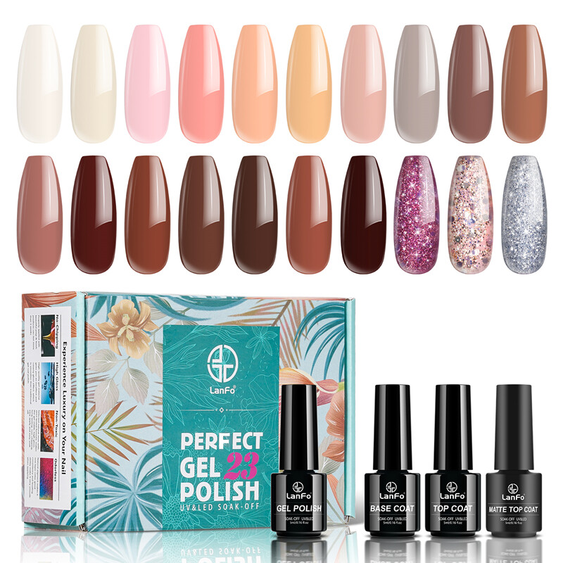 Gambar LanFo 20 Colors Gel Nail Polish Set, Gel Polish Kit with Glossy and Matte Top Coat Base Coat 5ml, Nude Brown Glitter Gel Polish Set for Starter UV LED Soak Off Gifts for Women