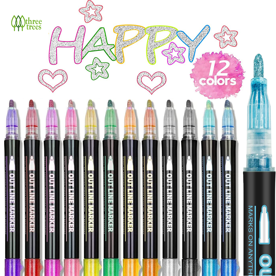 8 /12/24 Pcs/set Outline Paint Marker Pens Double Line Pen Album Metal Marker Glitter For Christmas Greeting Cards DIY Photo Album Metal Ceramic Glass Party Decor