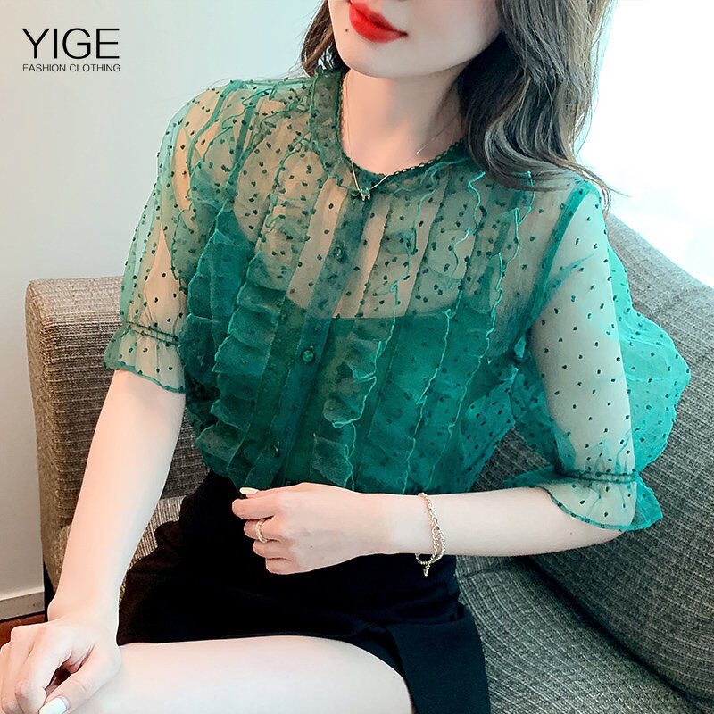Yige áo tunic phong cách hàn quốc mùa hè áo vải voan xòe phong cách phương tây áo hai dây tay phồng lưới quyến rũ cho nữ + bộ hai mảnh