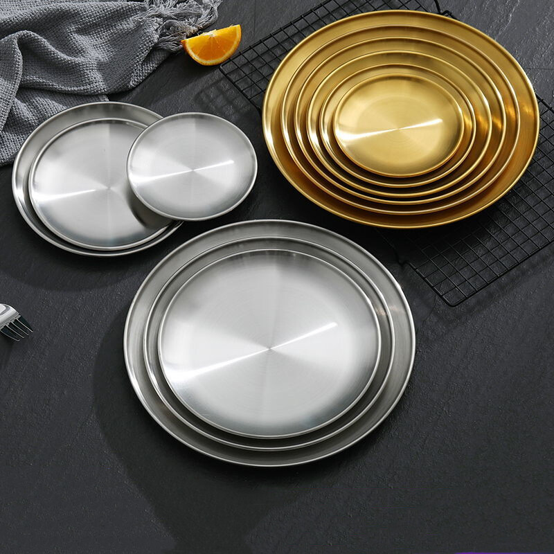 Gambar European style Dinner Plate, Stainless Steel Round Food Tray, Western style Steak Round Plate, Kitchen Table Decoration, Stainless Steel Metal Round Serving Salad Plates for Camping Outdoor Party