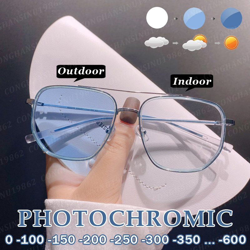 Mắt kính cận photochromic cho khung kim loại chùm đôi nam nữ chống ánh sáng xanh kính cận thị hoàn thiện thay đổi màu sắc với lớp-600 đến 0
