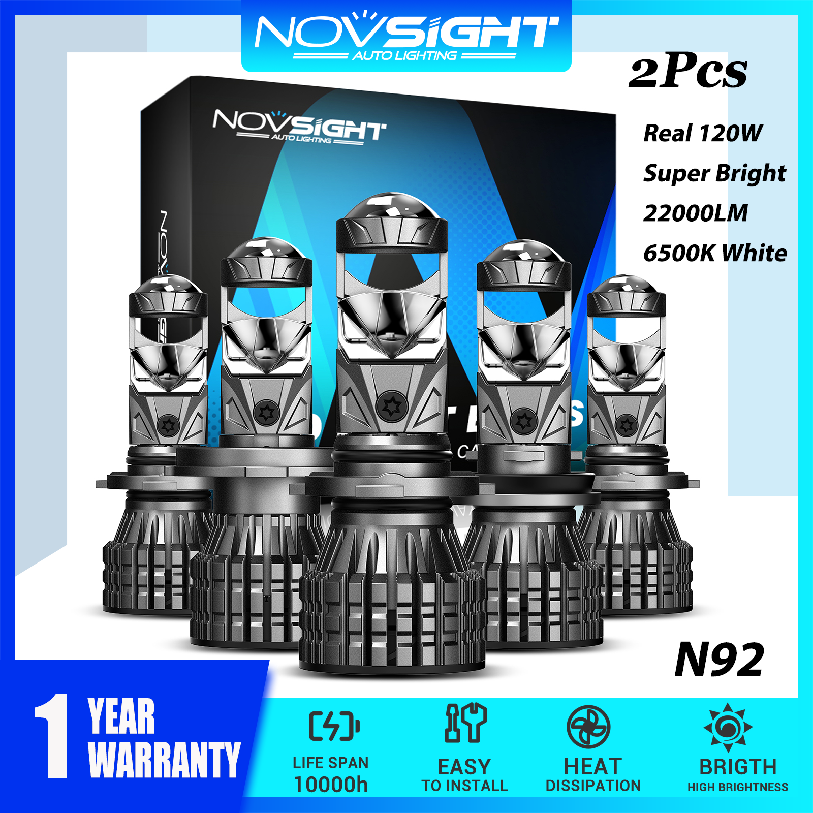 Super Bright Novsight N92 Projector Lens LED Car Headlight Bulb 9005(HB3) 9006(HB4) H4 H7 H11 LED Light for Car High/Low Beam Fog Light 120W 22000LM 6500K Plug&Play 2PCS 1 Year Warranty