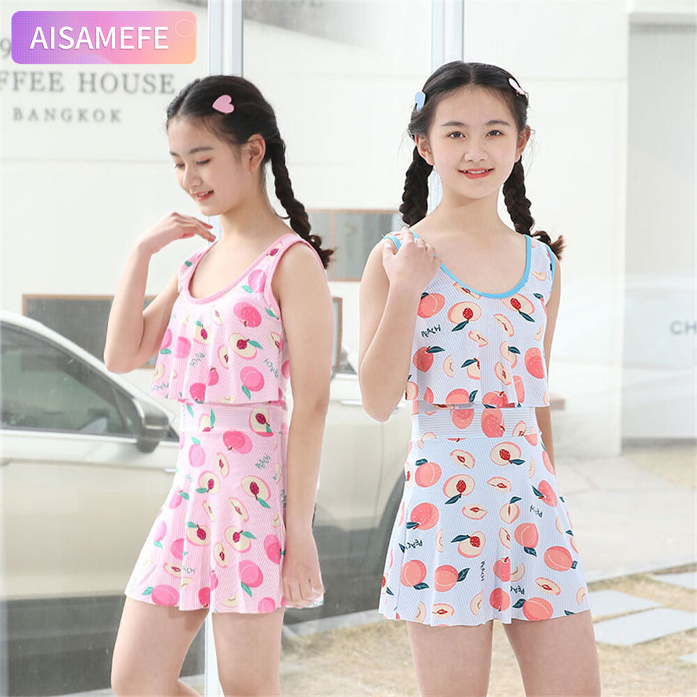 AISAMEFE Children Pink Blue Swimsuit Girls Big Children Ins Honey Peach Cute One-Pieces Student Princess Swimsuit ราคา 209 บาท*ส่งฟรี