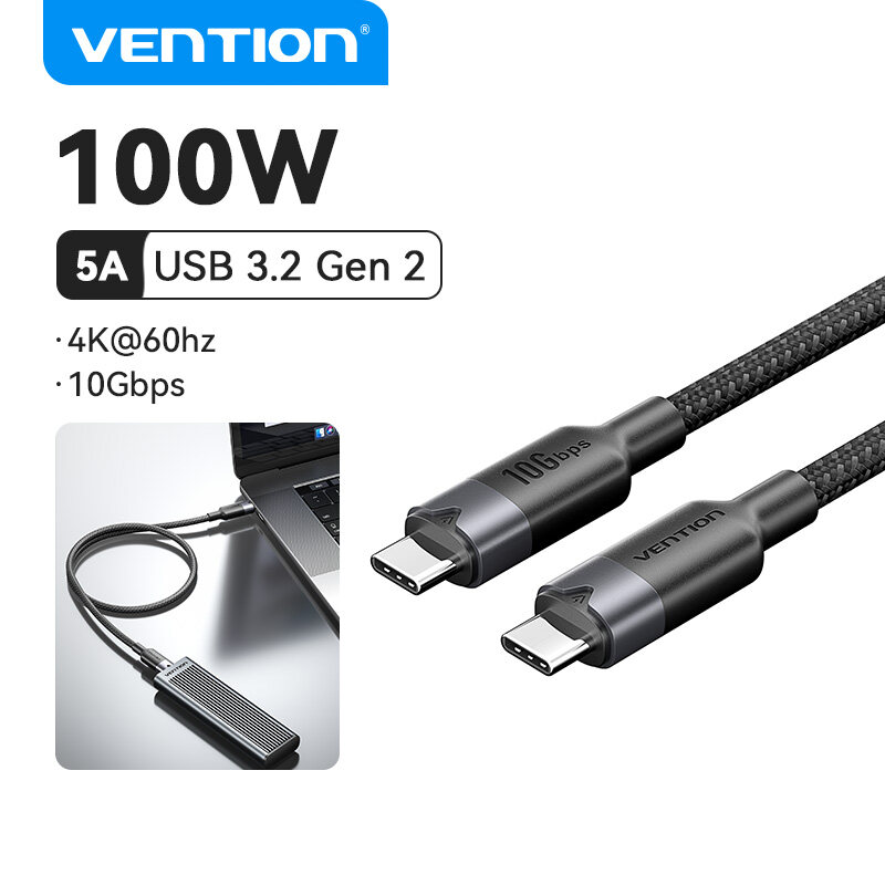 Vention Cáp Type C Cáp PD 100W Sạc Nhanh USB 3.2 3.1 Gen2 Male To C Male 5A Cho Apple MacBook 2020 i