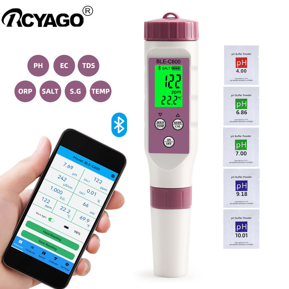 BLE-C600 Thông Minh RCYAGO Máy Kiểm Tra Chất Lượng Nước Bluetooth 7 Trong 1 PH/TDS/EC/ORP/S.G./Theo Dõi Nhiệt Độ Nước Trực Tuyến Bằng Ứng Dụng YINMIK