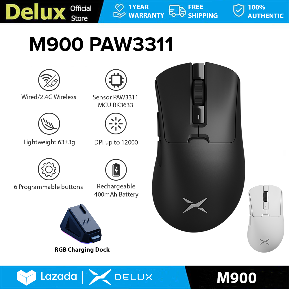 Delux M900 PAW3311 Gaming Mouse DPI MAX 12000 Wired 2.4G Wireless Rechargeable with RGB Charging Dock 63g Ultra-light weight Asymmetrical Ergonomic Design for PC/Laptop/Windows