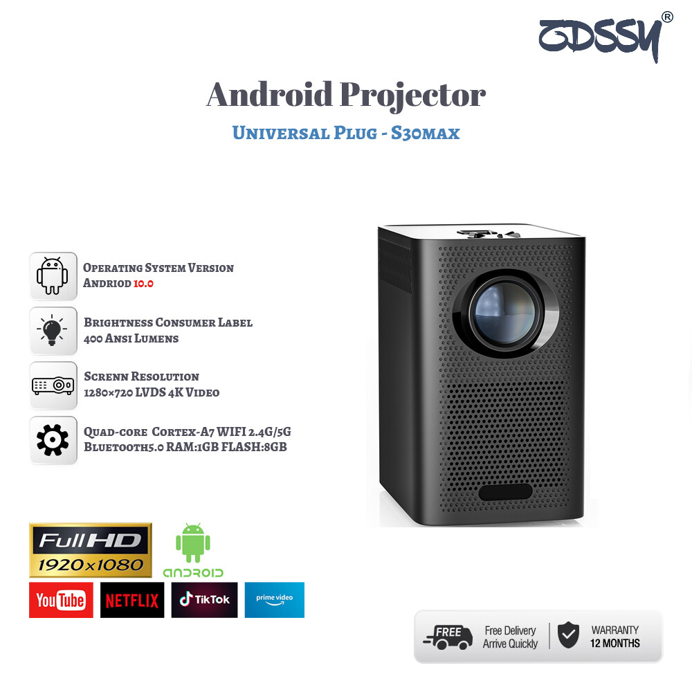 ZDSSY S30MAX Android 10.0 máy chiếu thông minh, máy chiếu mini 1080P, 400 ANSI Máy chiếu di động, máy chiếu với wifi và điều khiển từ xa Bluetooth, hỗ trợ 4K Tương thích với thiết bị TV Stick, máy tính xách tay, iOS & Android