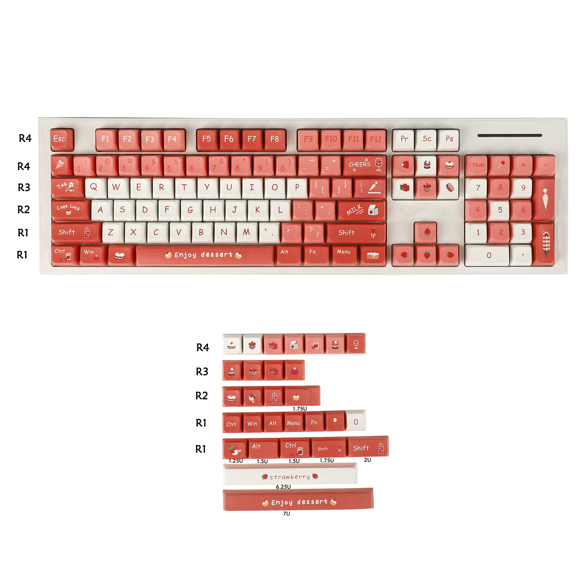 Độ dày 1.6mm kem dâu tây MDA hồ sơ nhuộm Sub Keycaps PBT keyset cho TKL 61 64 68 75 87 96 104 gmmk MX bàn phím