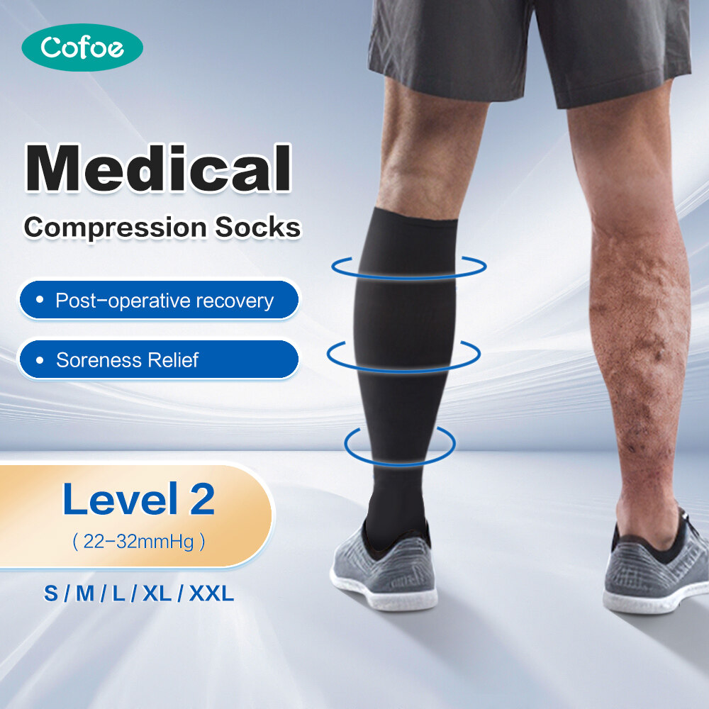 Cofoe 2 Pairs Black Pressure Sock Compression Socks Level 2 Elastic Varicose Vein Sock 23-32 mmHg Pressure Below Knee Open Toe Leggings Stockings for Men Women Anti-varicose Veins Eliminate Edema ราคา 504 บาท*ส่งฟรี