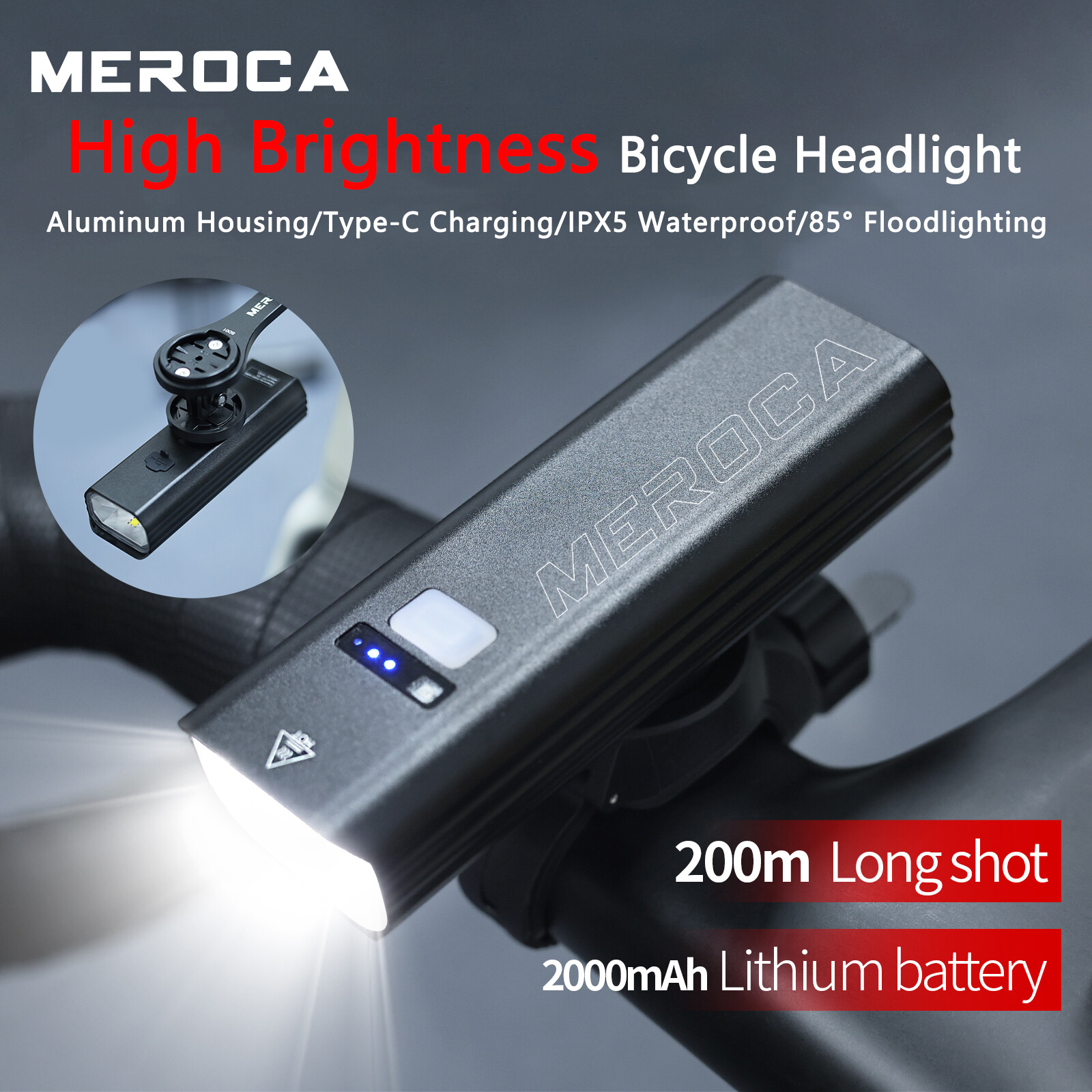  Meroca đèn đầu xe đạp chống mưa Type-C phí xe đạp MTB Đèn đầu xe hợp kim nhôm 2000mAh tuổi thọ pin lớn độ sáng cao Đèn Pha Phụ kiện đi xe đạp đêm 