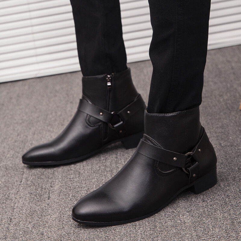 GRAZIA Fashion Men Spring Autumn Pointed Toe Height Increase Chelsea Ankle Boots Western High Top Casual Shoe PU Leather