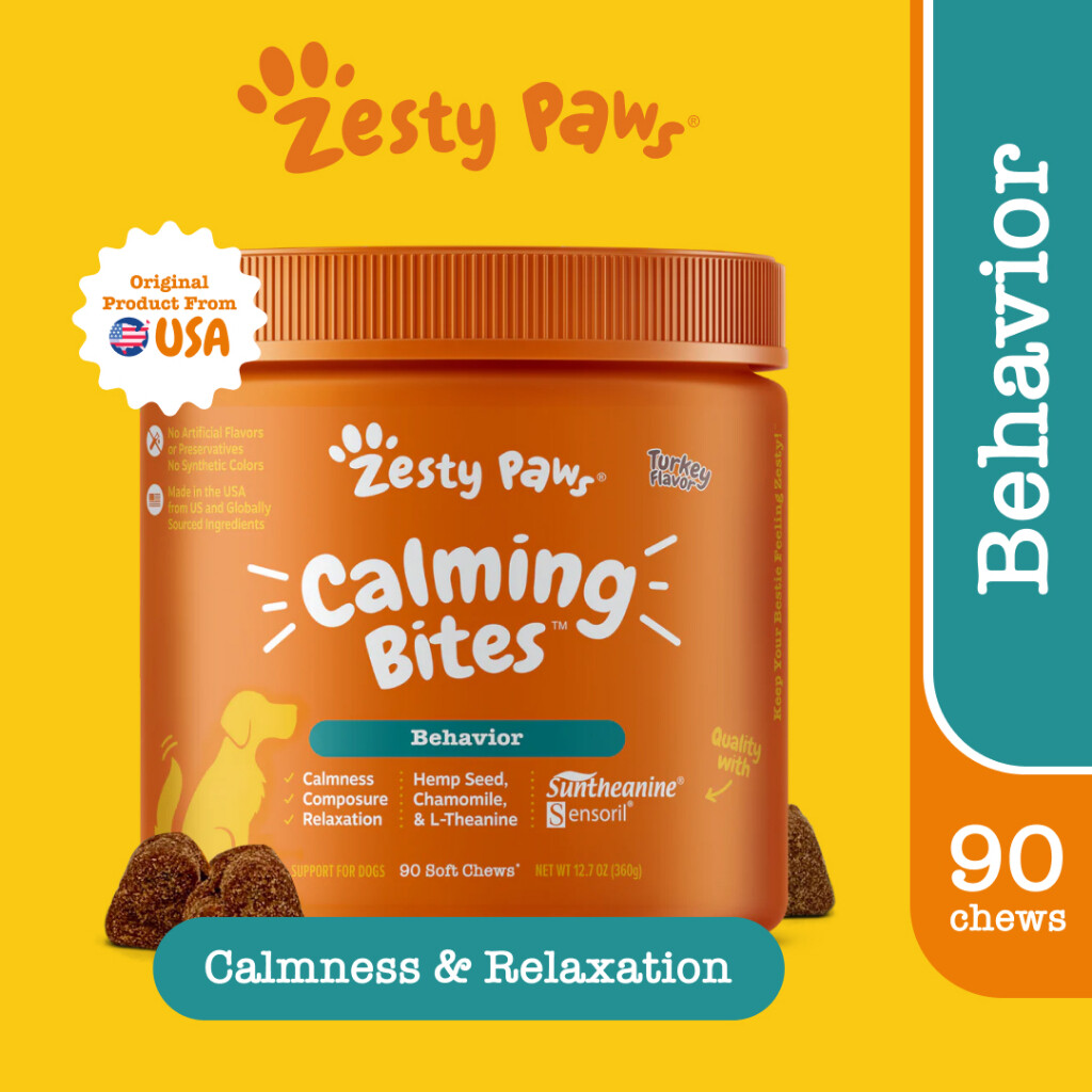 Zesty Paws Calming Bites with Suntheanine for Dogs Behavior [รสไก่งวง] (แบบนุ่ม 90 เม็ด) (หมดอายุ:07/2025) ราคา 2,500 บาท*ส่งฟรี