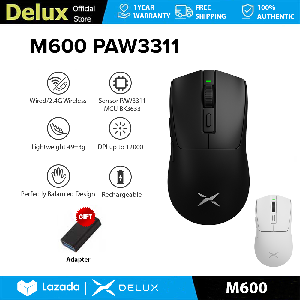 Delux M600 Series Wired & Wireless Rechargeable Gaming Mouse MAX 26000 DPI PAW3395 PAW3311 PMW3325 5