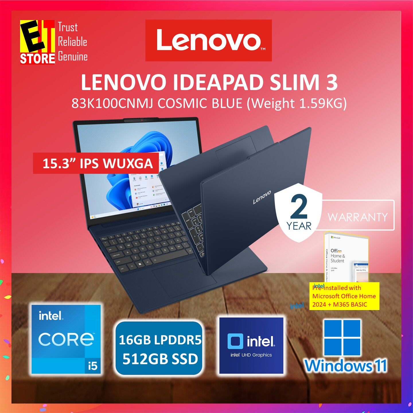 Lenovo IdeaPad Slim 3 (Intel Core i5-13420H / 16GB/ 512GB SSD/15.3 IPS WUXGA / Intel UHD Graphics/ Office 365 BASIC + HOME 2024 /W11/Backpack/2Y) IPS3 LENOVO IPS3 83K100CMMJ /83K100CNMJ Laptop