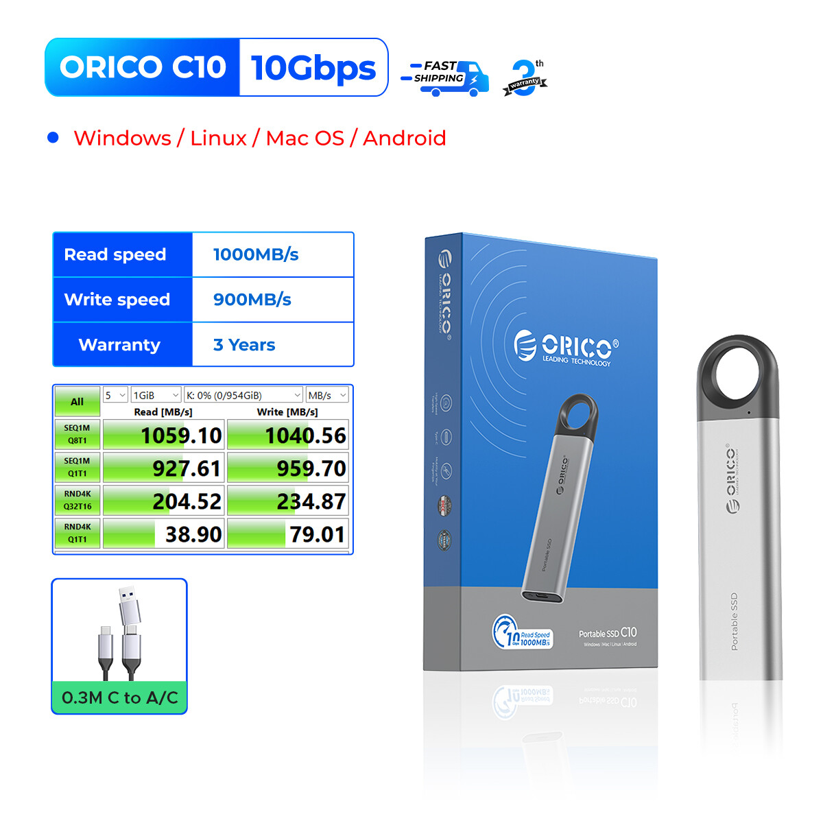 ORICO USB 3.1 Gen2 xách tay SSD 4TB/2TB/1TB/512GB/256GB bên ngoài trạng thái rắn Loại C 10gbps M.2 N