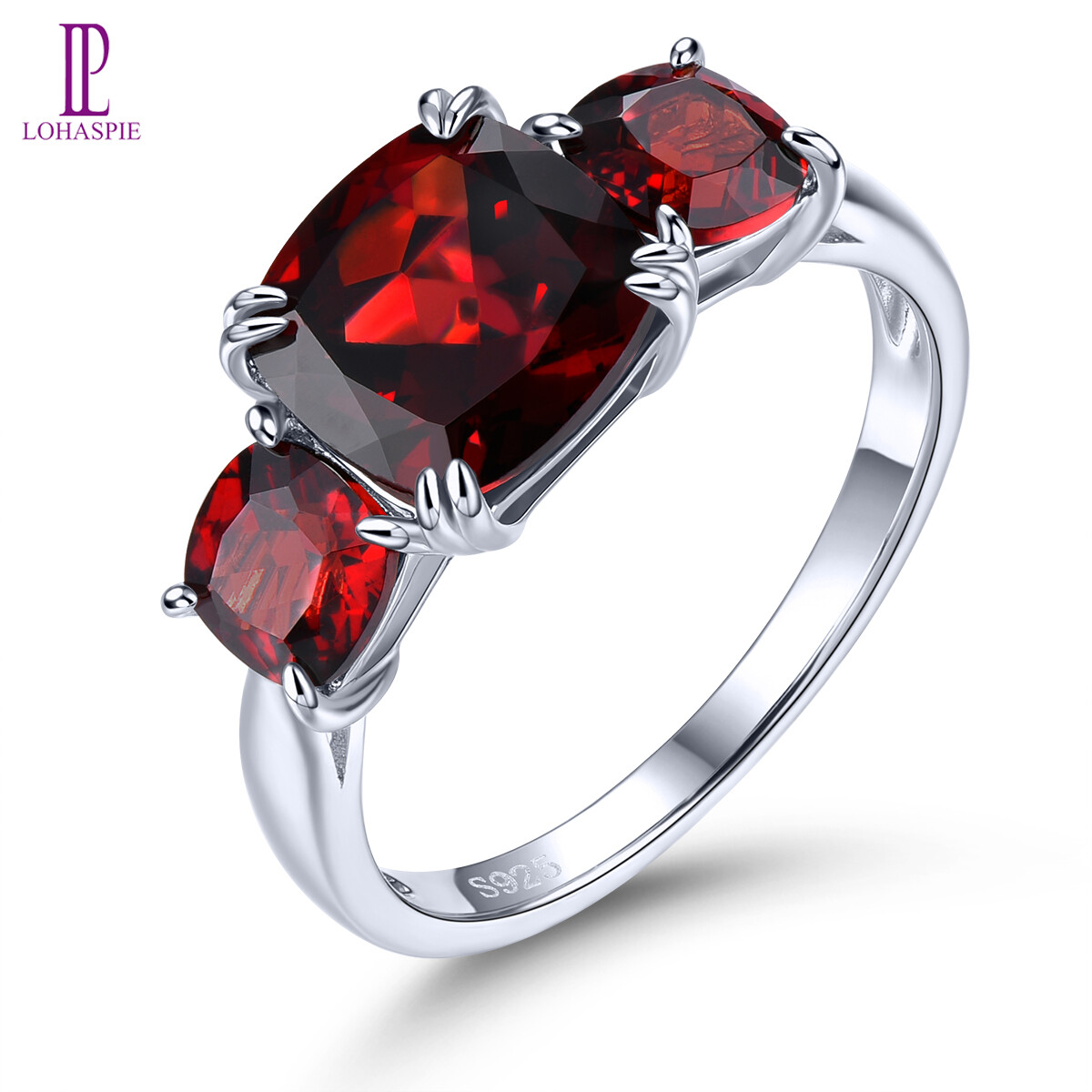 Lohaspie trang sức thật 4.5 carat bạc thật 925 nhẫn garnet ngọc thạch lựu tự nhiên nhẫn garnet kiểu cắt hình chữ nhật bo góc nhẫn đá quý nhẫn garnet cho nữ đá sinh trang sức nhẫn