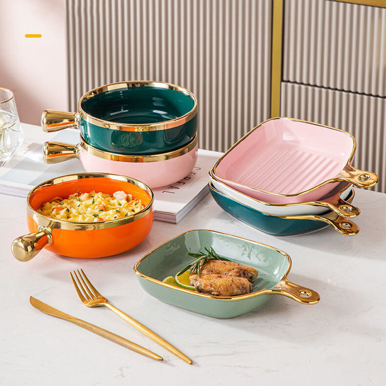 Gambar Ceramic Double Handle Baking Dish Golden Edge Deep Plate Oval Rectangular Baking Pan Kitchen Bakeware Baking Tools Baking Bowl With Gold Rim (1 pc) Chnese New Year Gift Lunar New Year