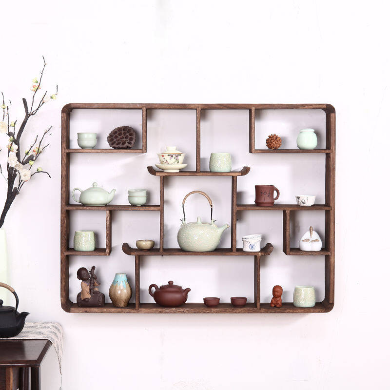 Khung cổ phong phú kệ trưng bày trung quốc treo trên tường bằng gỗ khung bảo tàng ấm trà cổ kệ trà triệu kho báu