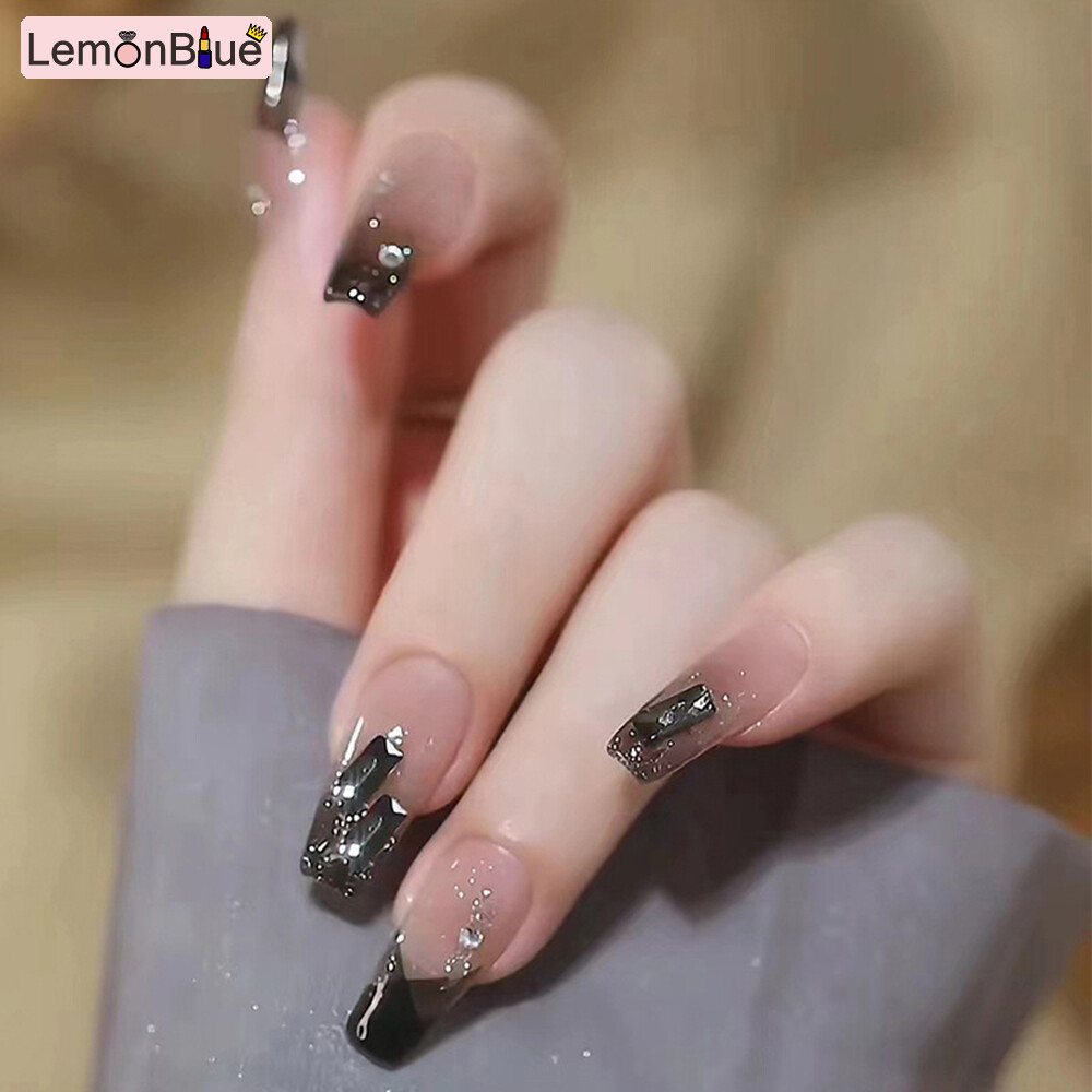 Gambar LemonBlue 24Pcs Gradient Black False Nails Square Diamond Short Ballet Nails for Women French Style Full Cover Nail Sticker Fake Nail Patch Press on Nails Salon Finger Toes DIY Manicure Artificial Nails Fake Nail Pieces Easy Tear Not Fall Nail Art