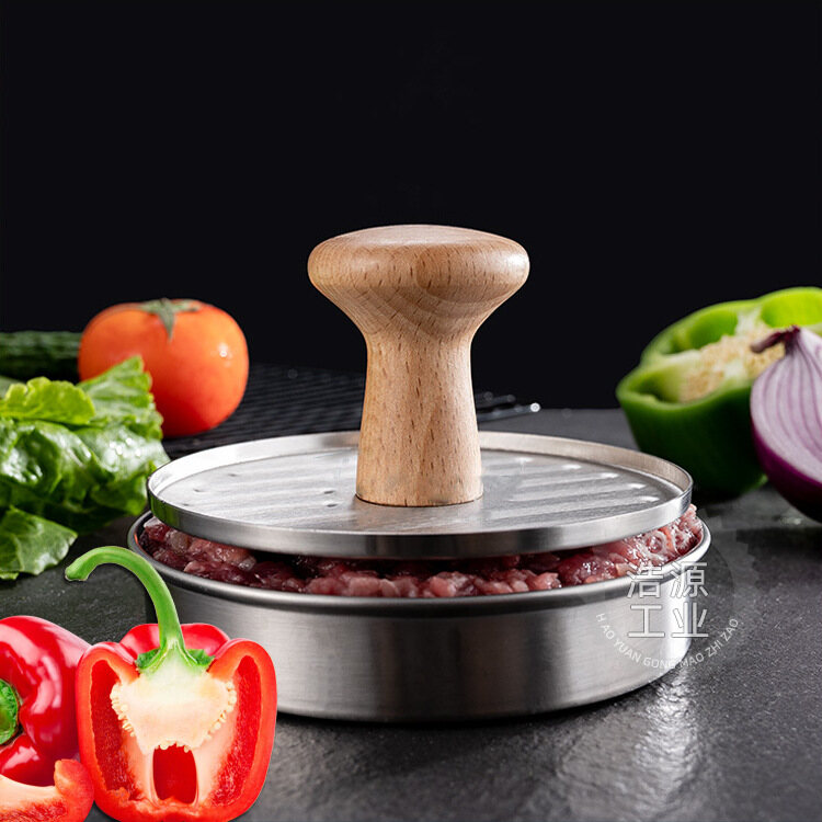 Gambar Stainless Steel Burger Meat Press Meat Patty Mold Stainless Steel Beech Wood Handle Meat Press Diy Burger Tool