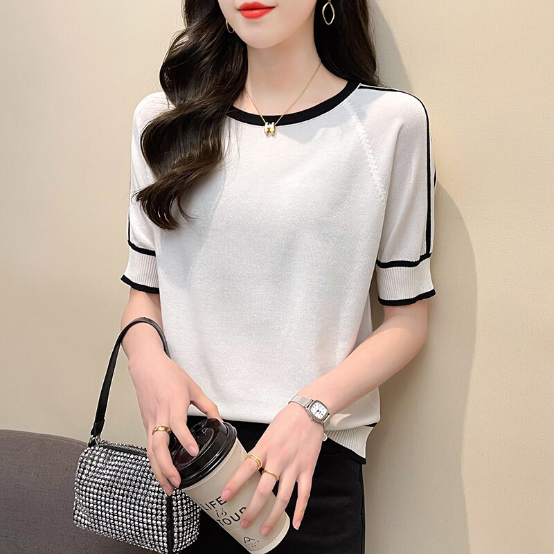 LUCKIN STORE Women's Short Sleeve Knit Tops Stripe T-shirt Contrast Color Small Fragrance 2025 New Summer Thin Round-neck Blouse
