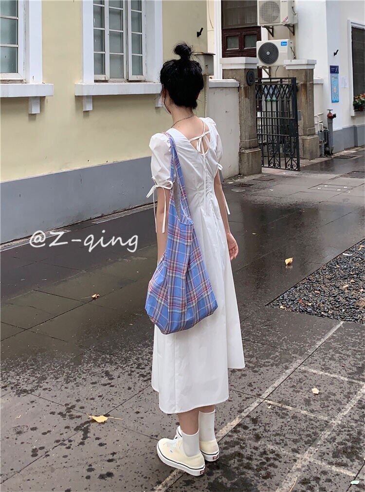 French style square collar puff sleeve dress design niche temperament slim fit gentle first love backless white fairy skirt