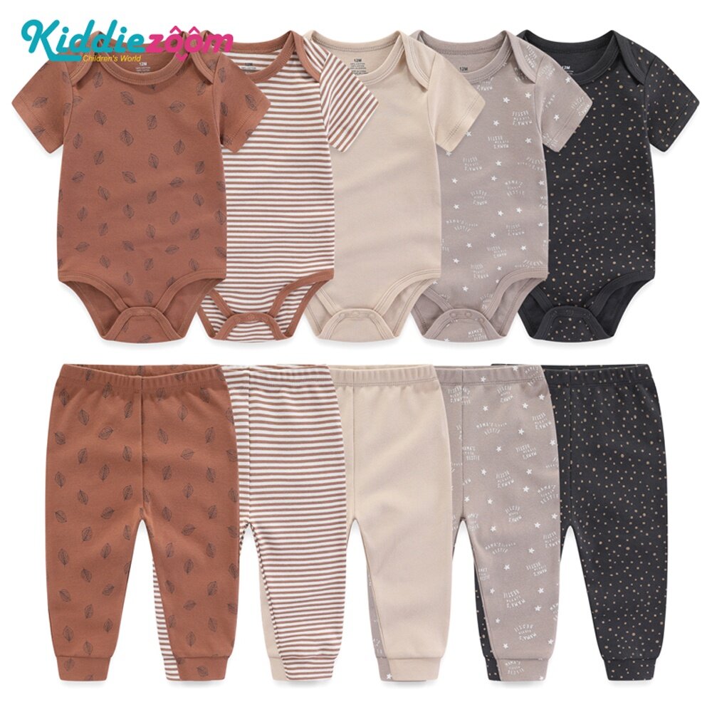 Kiddiezoom 10 piece newborn baby pajama set, 100% cotton maple leaf set
