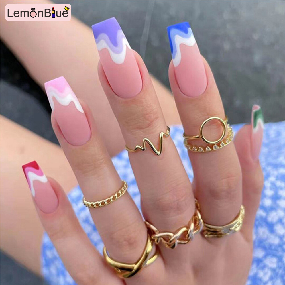 Gambar LemonBlue 24PCS Colorful Wave Press On Nails Sweet Style Wearable Full Cover Long Nails Removable Save Time Fake Nails Manicure Salon DIY Art with Jelly Gel Glue