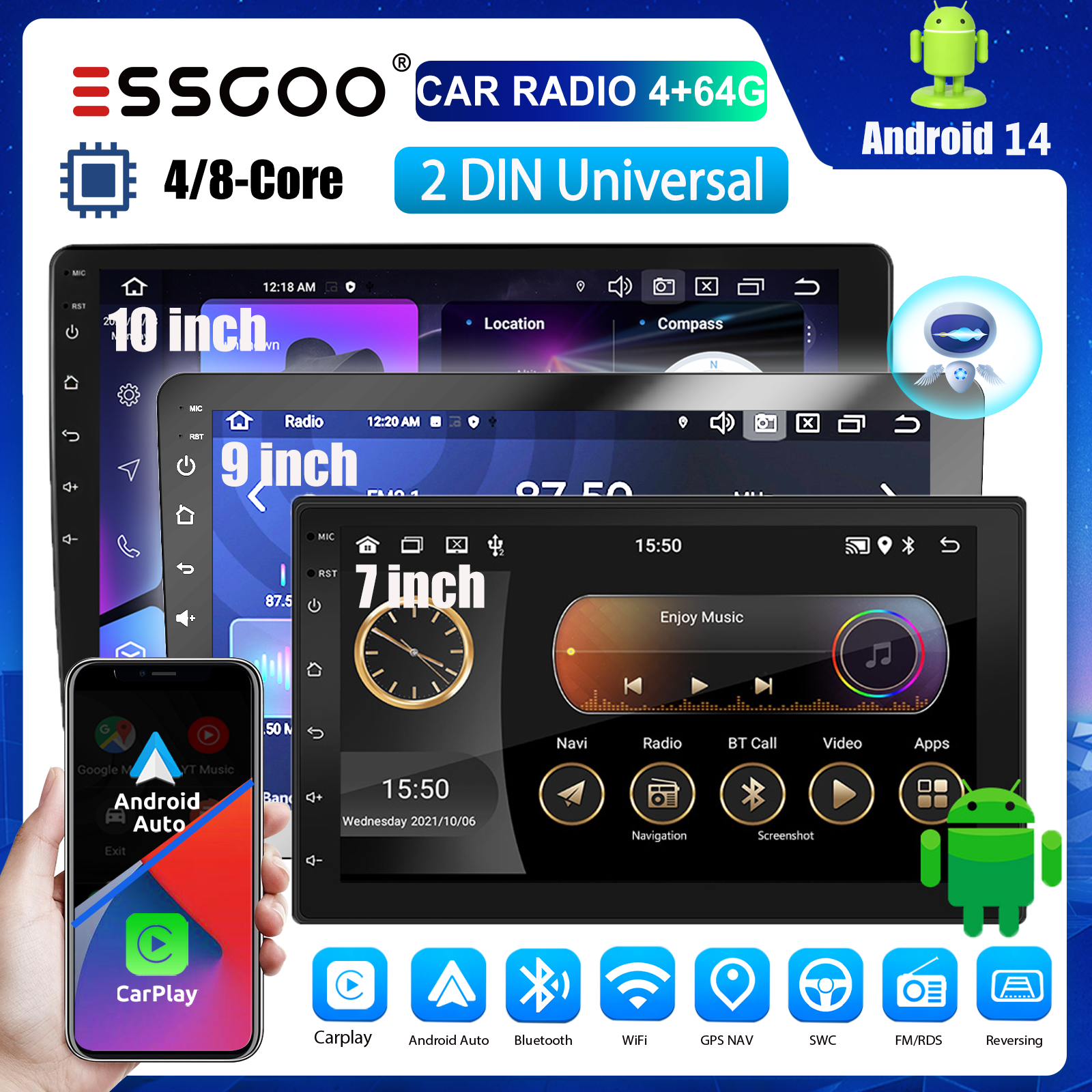 ESSGOO 4+64GB 4/8-Core Carplay Android Auto 7"/9"/10" IPS Screen Car Player 2 Din Multimedia MP5 Player Mirror link Video Support AHD ASP DSP WiFi GPS Car Radio ราคา 2,688 บาท*ส่งฟรี