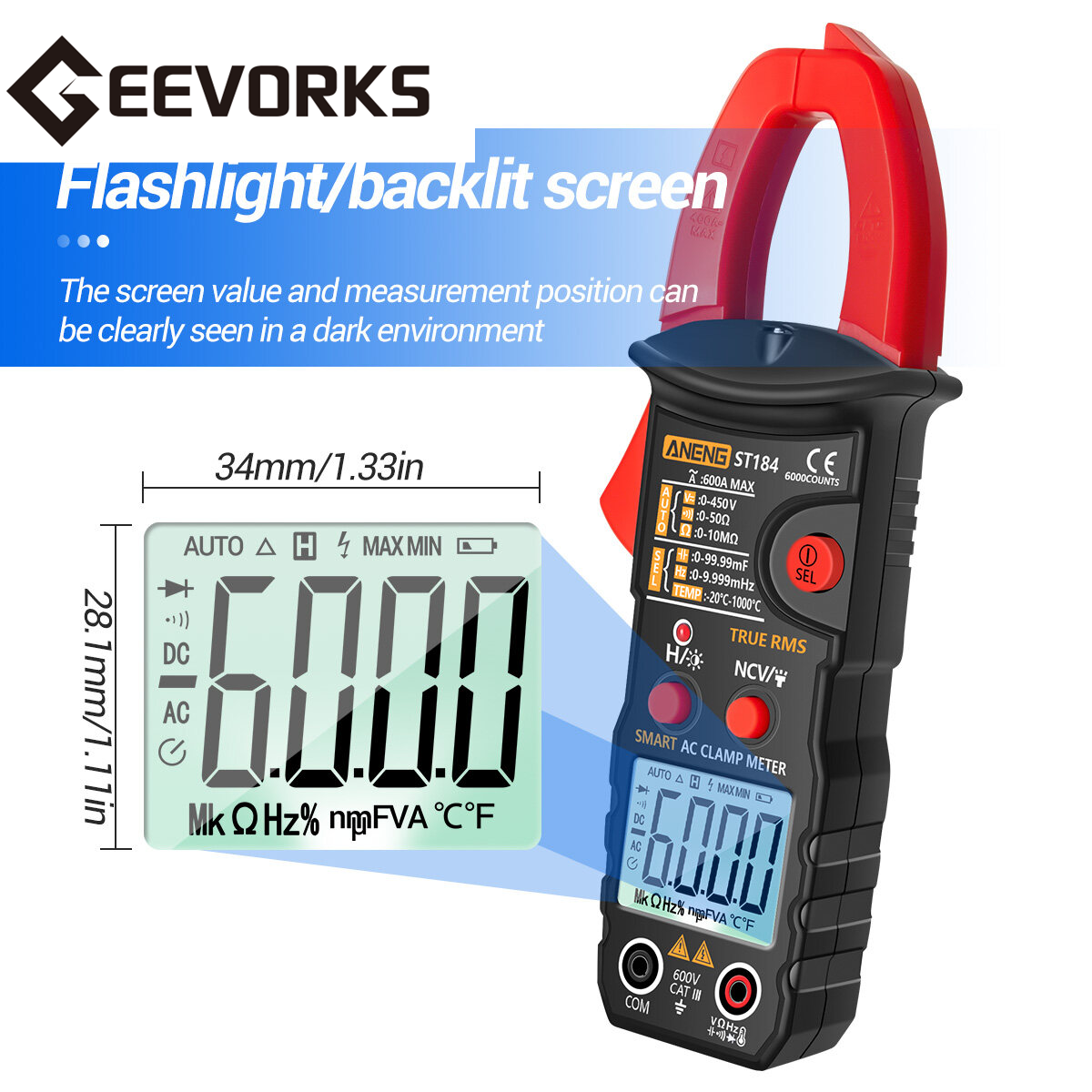 Geevorks đồng hồ vạn năng kỹ thuật số true rms đồng hồ kẹp dc/ac máy dò điện áp, máy đo ampe ac có đi-ốt liên tục ncv điện dung ohm máy kiểm tra nhiệt độ hertz