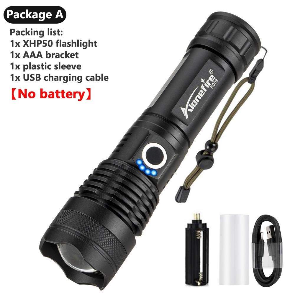 AloneFire H002 Xhp50 LED Mạnh Nhất Đèn Pin Usb Zoom Led Torch Ánh Sáng Cắm Trại Đèn