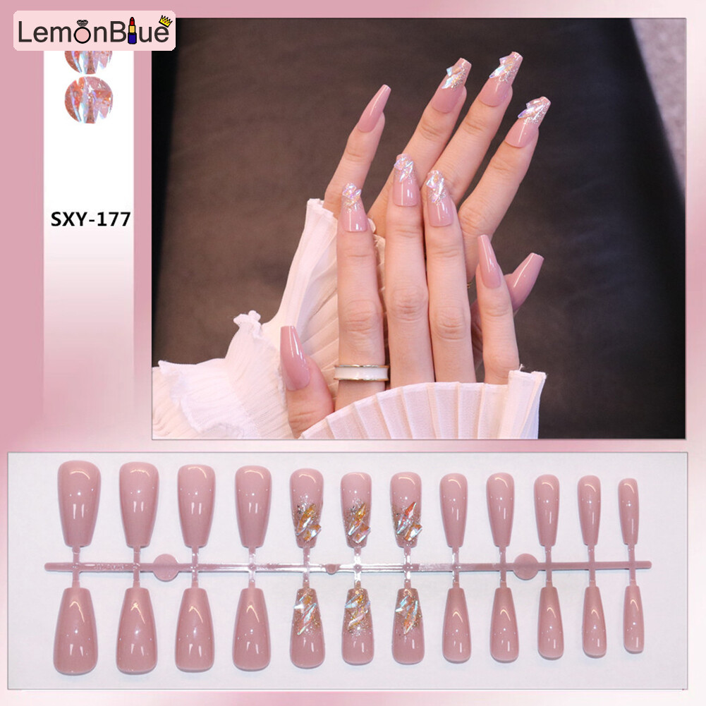 Gambar Fake Nails Full Cover Nail Tips Pink Pointed Toe Long Style Artificial Nails with Jelly Gel Glue Removable Save Time Rhinestones False Nails French Style