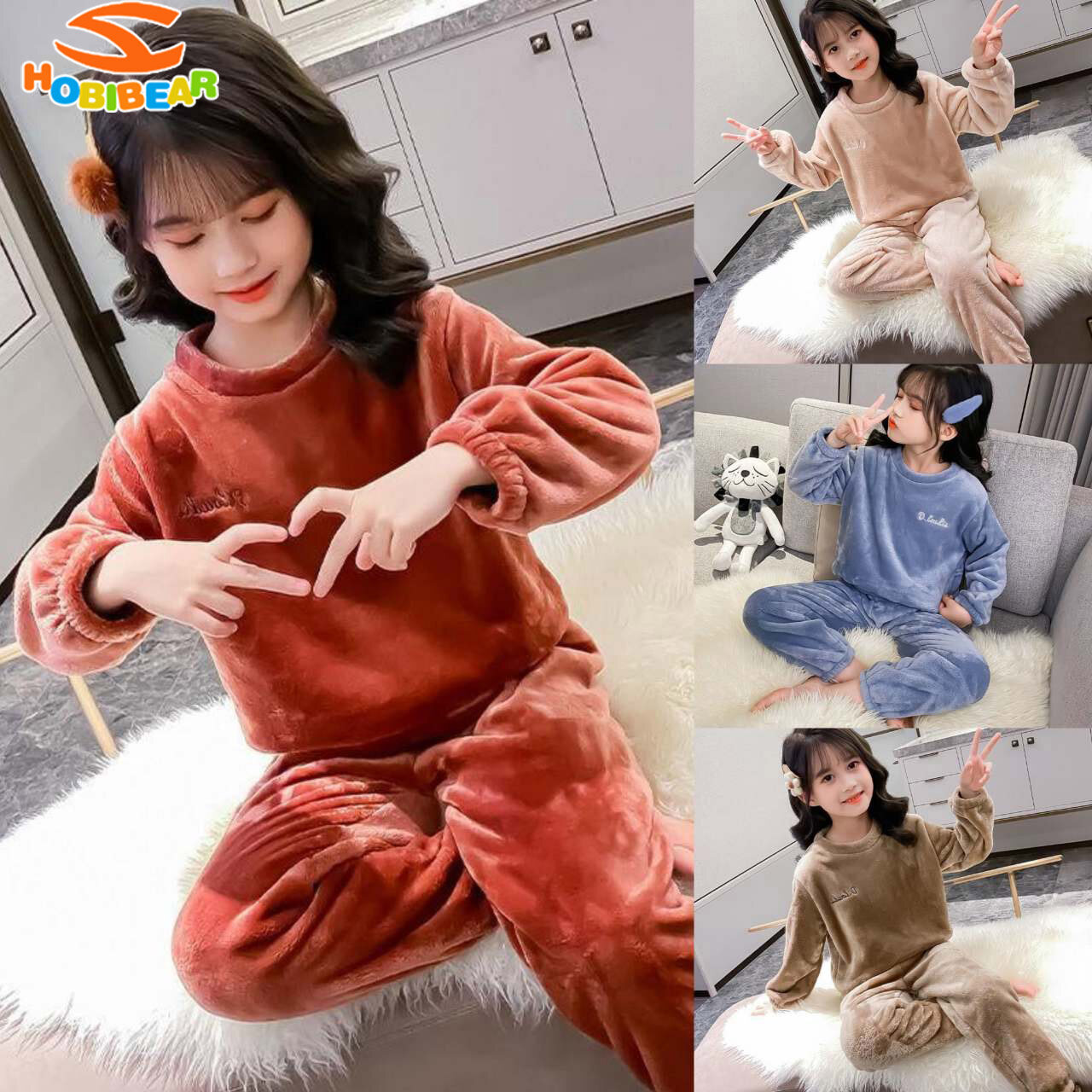 Hobibear bộ đồ ngủ trẻ em bộ đồ ngủ dài tay với lông cừu cho bé trai và bé gái áo giữ nhiệt dày và quần dài quần áo mặc nhà cho trẻ em