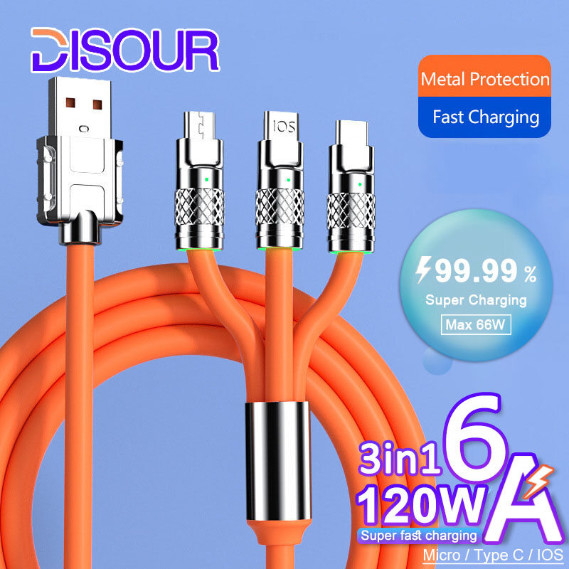 3 trong 1 6A 120W kim loại siêu nhanh cáp sạc USB A để Loại C nhanh Micro nhanh chóng cáp sạc Cáp cho Iphone 6A USB Silicone Dây cáp cho Xiaomi Huawei Oppo Vivo sạc nhanh