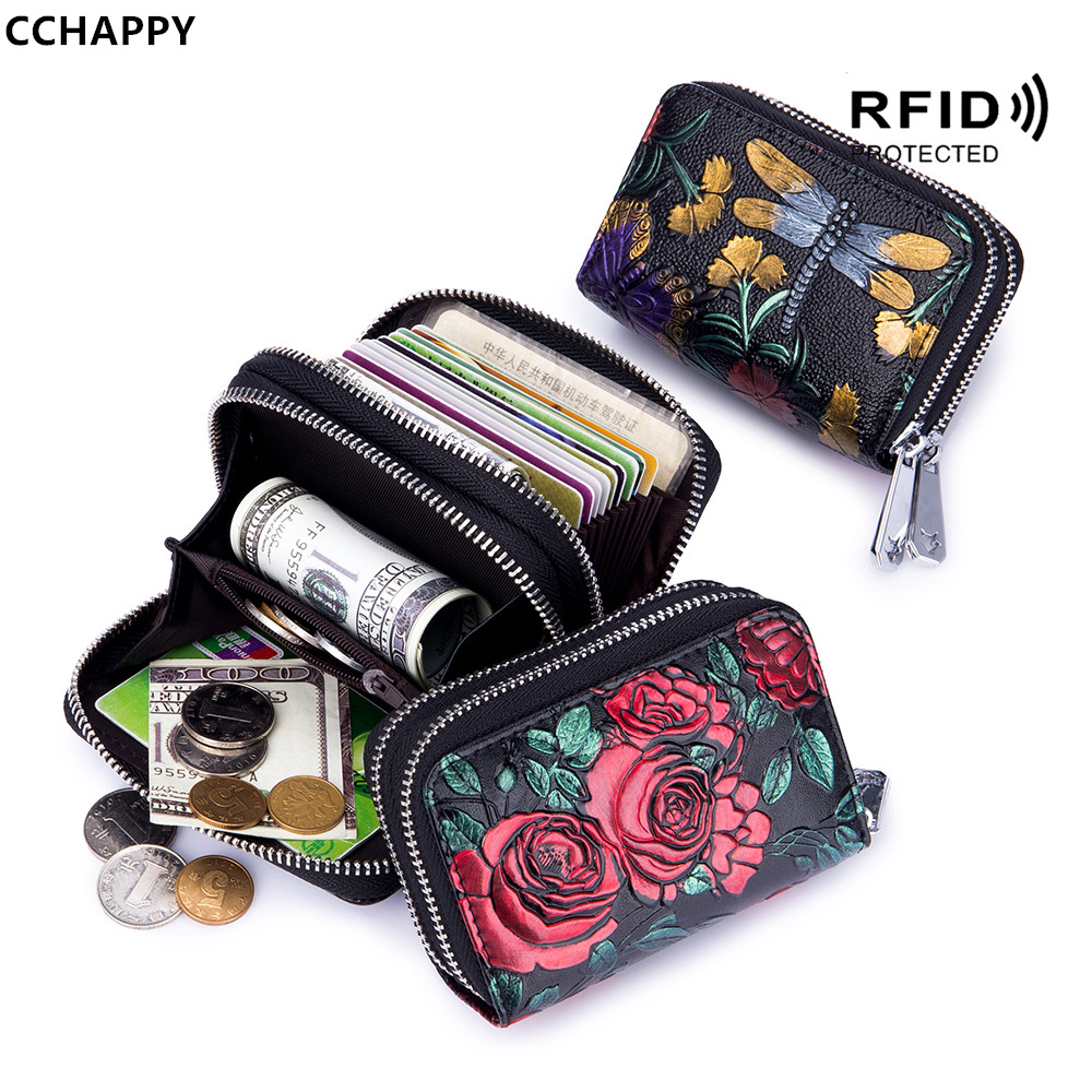 Cchappy ví đựng thẻ bằng da bò thật có khóa kéo đôi chống rfid