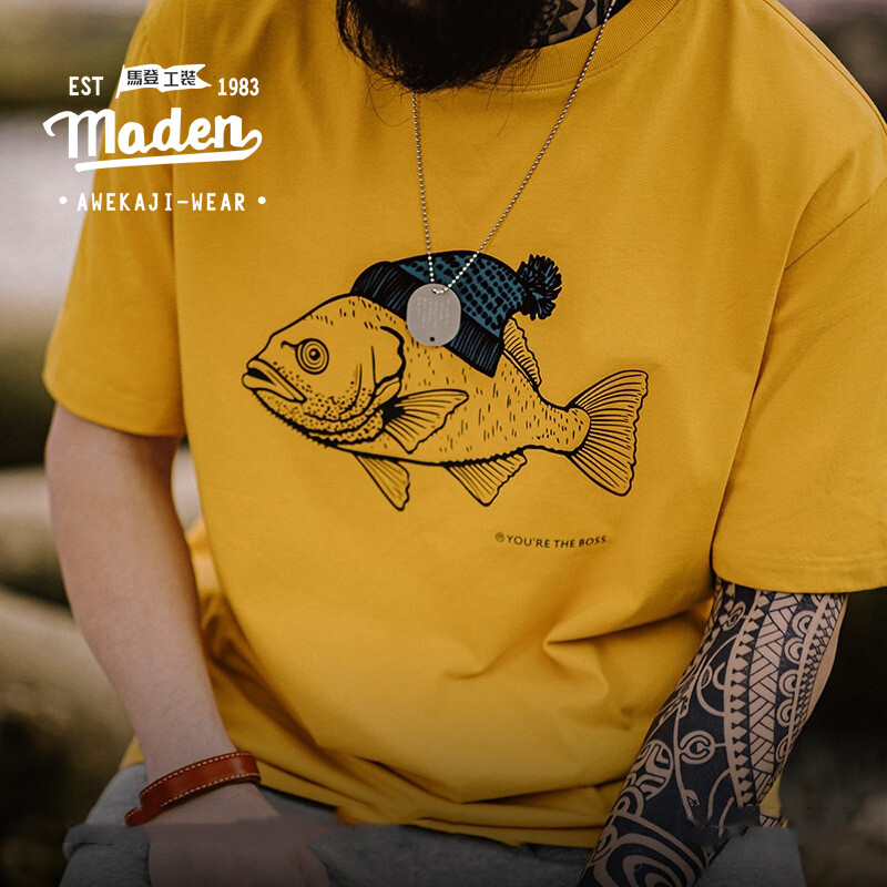 MADEN brand Men's Youth 2024 Summer New Funny and Cute American Retro Deep Sea Fish Flocking Print T-shirt Animal Pure Cotton Round Neck Short Sleeve