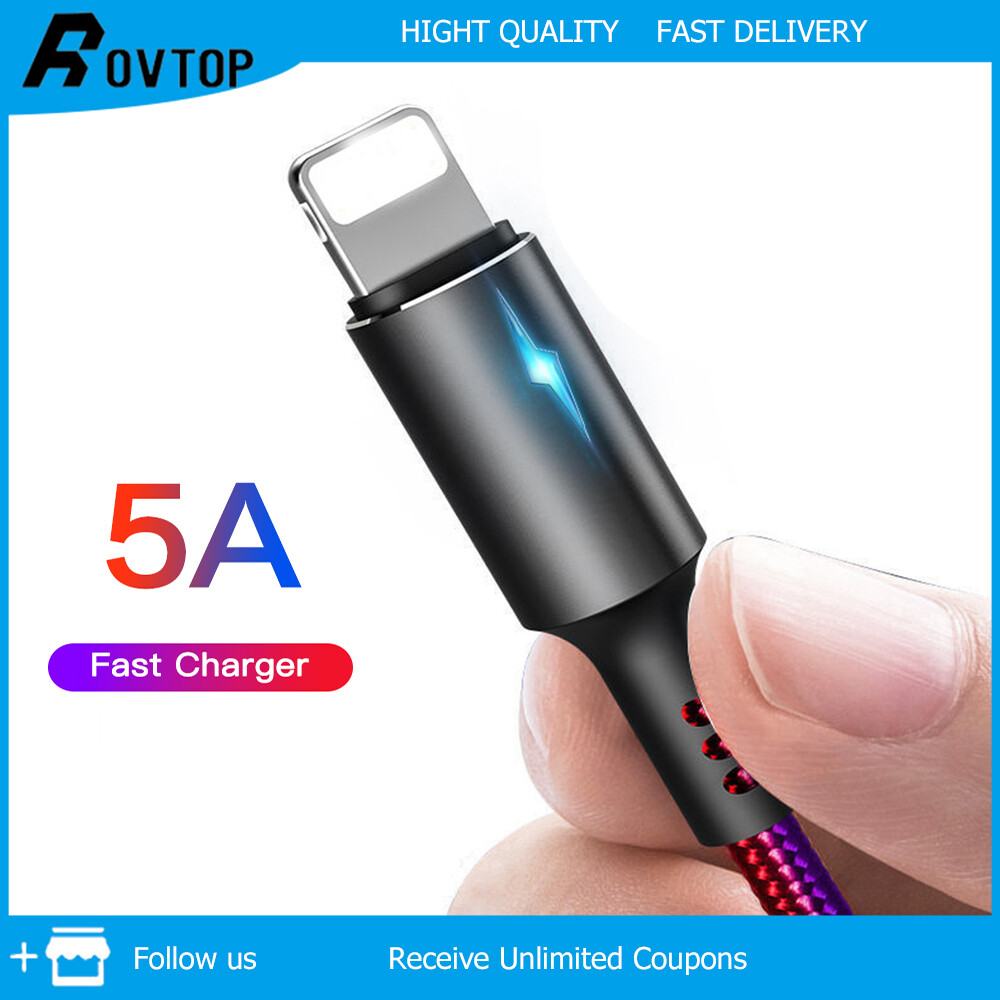 Rovtop cáp dữ liệu bện sạc nhanh 5a với cáp đèn led & cáp micro usb truyền dữ liệu cho iphone oppo xiaomi samsung vivo huawei điện thoại android