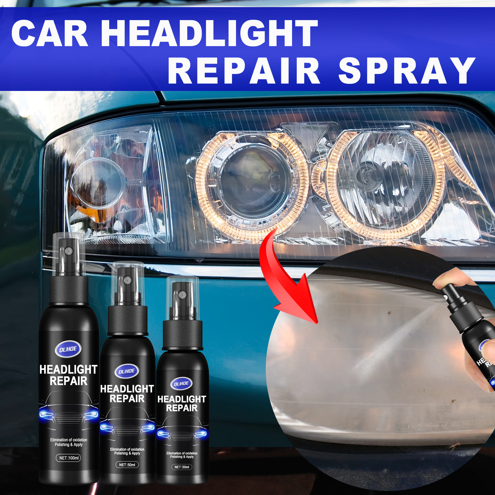 Hệ thống phục hồi ống kính đèn pha 30/50/100ml bình xịt chất làm sạch bảo dưỡng đèn pha ô tô dung dịch sửa chữa đánh bóng chất lỏng sửa chữa đèn pha ô tô lớp phủ tân trang loại bỏ vết xước phục hồi đèn ô tô đánh bóng sửa chữa oxy hóa