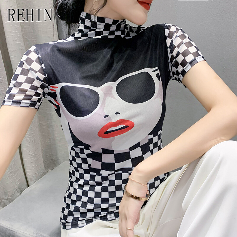 Rehin áo thun nữ tay ngắn thanh lịch thời trang mới mùa thu áo cánh in kẻ ca rô lưới cổ cao