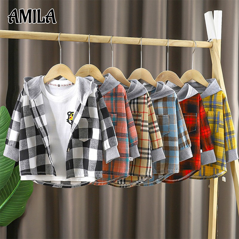 AMILA Children's hooded shirt long sleeved coat checkered bottom coat handsome shirt