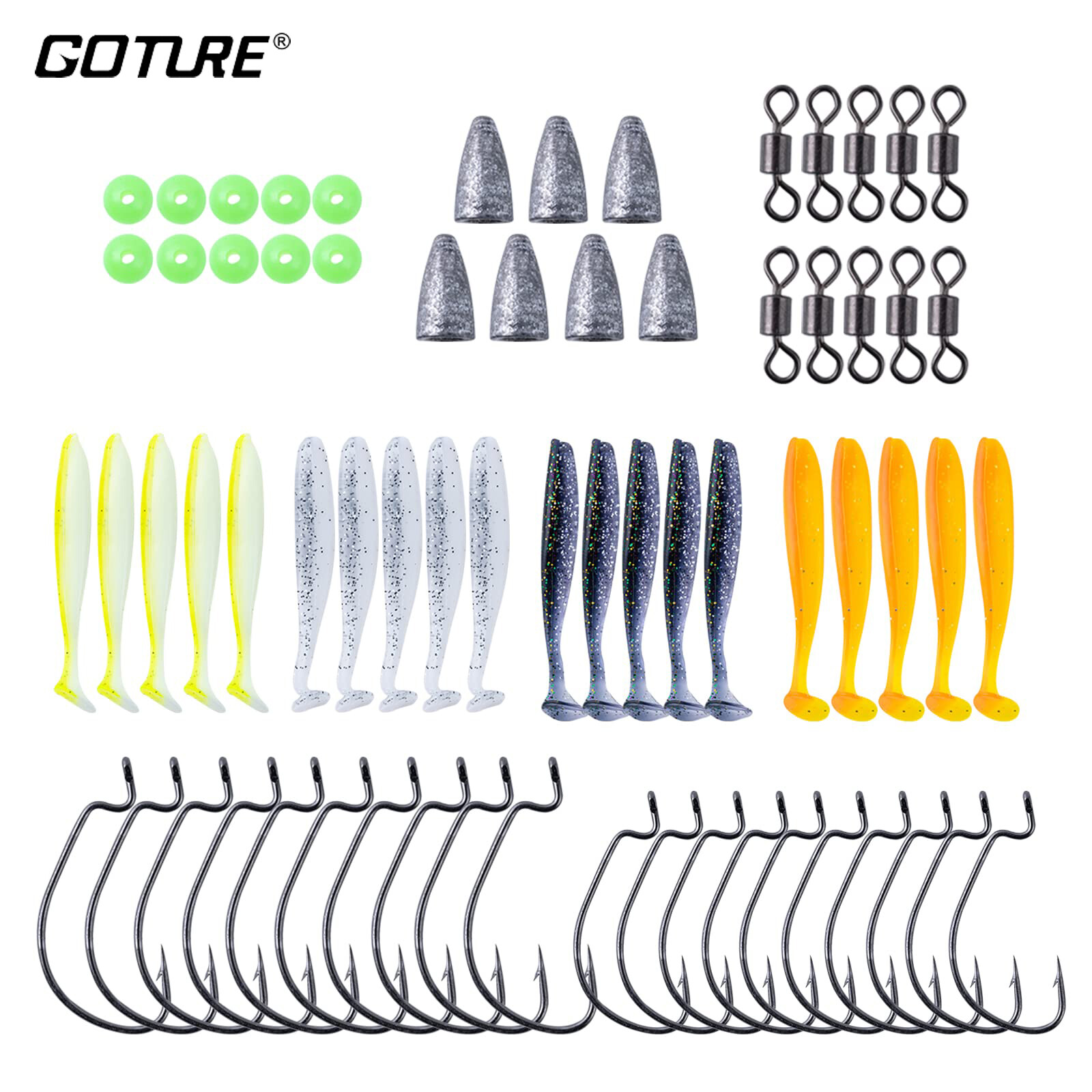 Goture bộ phụ kiện câu cá texas rig 72 chiếc/67 chiếc bộ lưỡi câu hạt mồi mềm bộ lưỡi câu có hộp