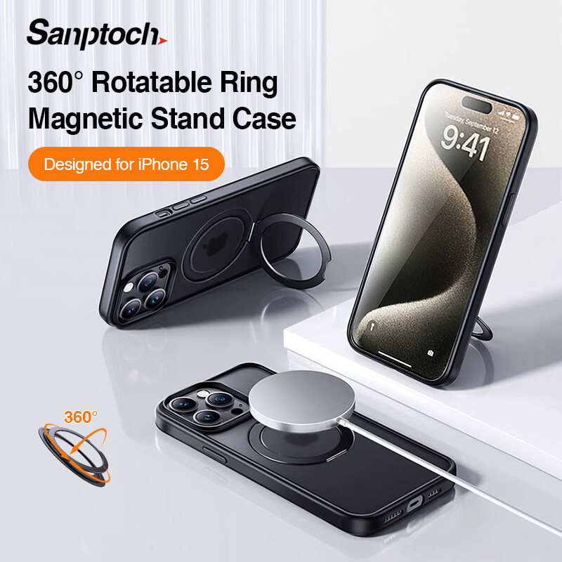 Sanptoch 360 nhẫn xoay đứng trường hợp đối với iPhone 15 / 14 / 13 Pro Max Tương thích với MagSafe bậc quân sự chống sốc bìa cho Iphone 15 cộng với mờ mờ Ốp Giá đỡ nhẫn