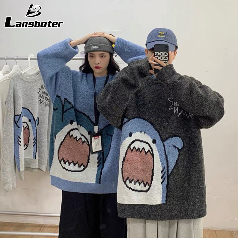  Lansboter áo khoác mùa đông áo sweater áo len mùa đông Thời trang nam Áo len dệt kim in cổ tròn phim hoạt hình cặp đôi cá mập Áo khoác Blouse rộng áo len 