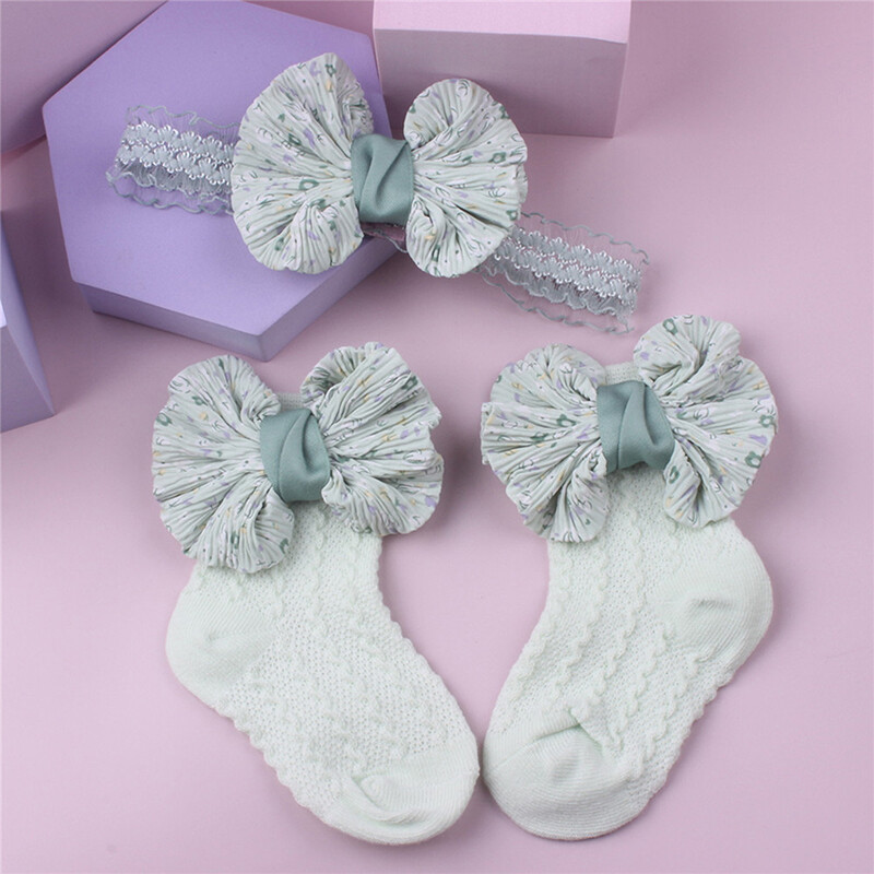 Baby Girl Socks Set, Princess Bowknot Patchwork Soft Warm Newborn Socks and Hairband