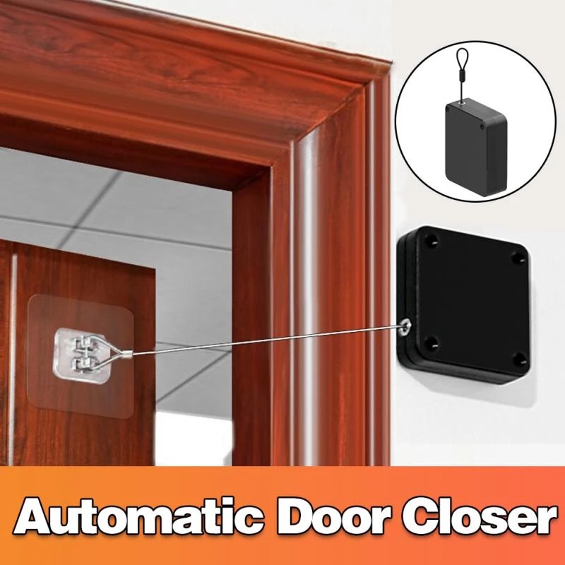 PHITUODA 2-Pack Punch-Free Automatic Sliding Door Closer – Steel Cable With Adhesive Hooks, Adjustable Force, For Bathroom Bedroom Office (White)