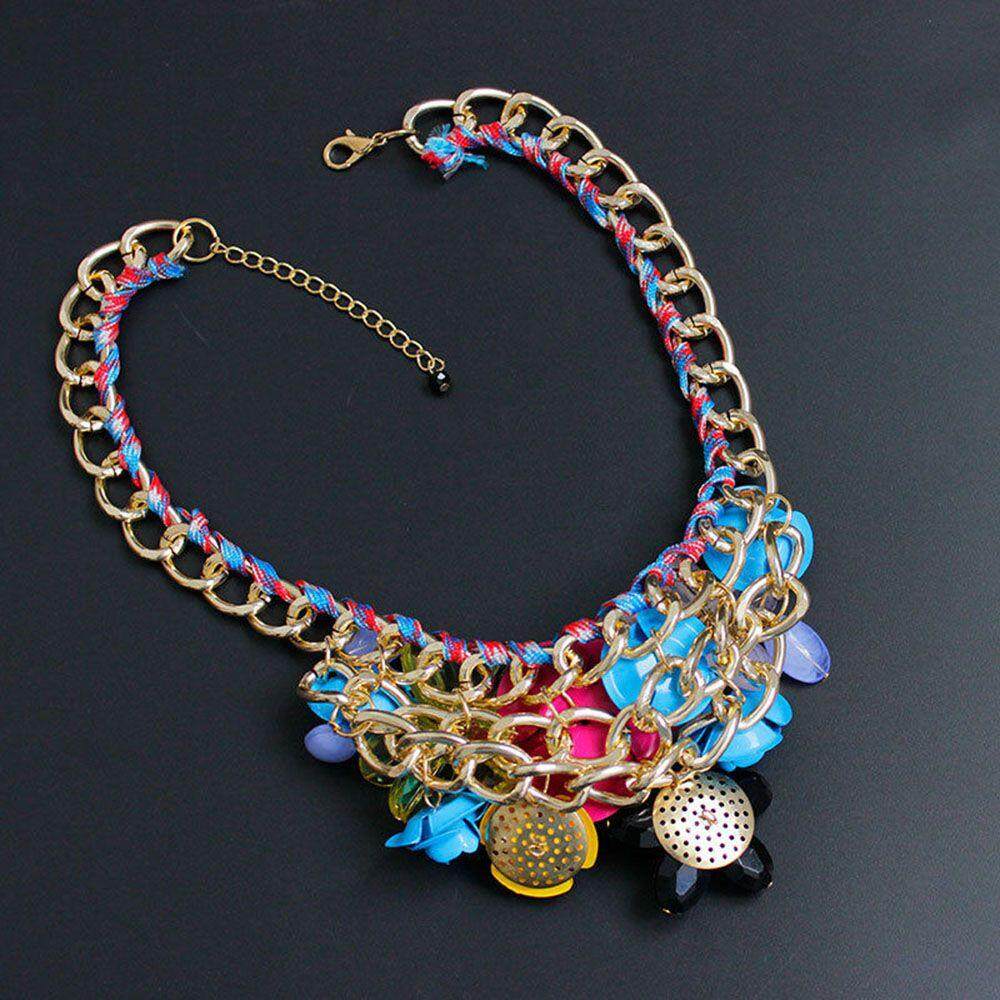 New Fashion Gold Chain Multi-Color Crystal Flower Statement Pendant Bib Necklace 