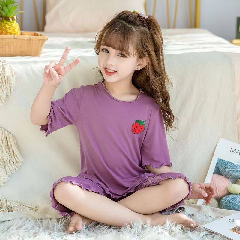 Bộ đồ ngủ lụa băng cho bé gái, quần áo nhà mỏng cho trẻ em, quần áo ngắn tay mùa hè máy lạnh cho trẻ nhỏ và vừa