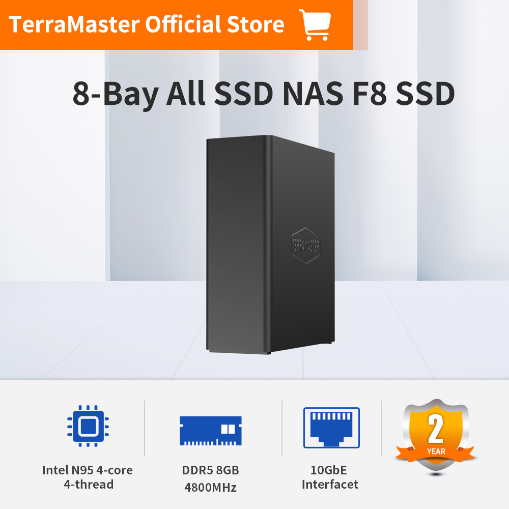 TERRAMASTER F8 SSD NAS Storage - 8Bay All SSD NAS Server N95 QuadCore CPU, 8GB DDR5 RAM, 10GbE Port, Palm-Sized Powerful Network Attached Storage US Plug ( Diskless) ราคา 21,422 บาท*ส่งฟรี